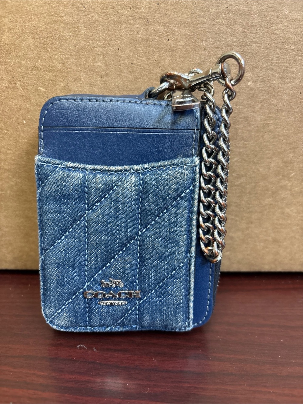 Coach CAR26 Quilted Zip Card Case Blue Denim Leather ID Wallet Chain Zip Up